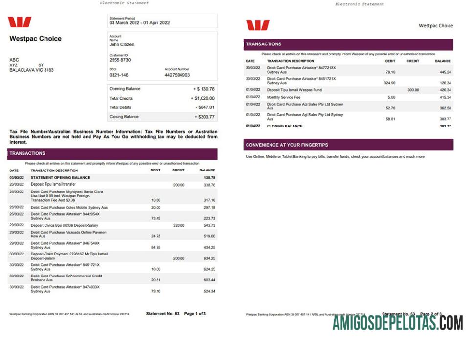 Australia Westpac Bank Statement 3 Pages amostra